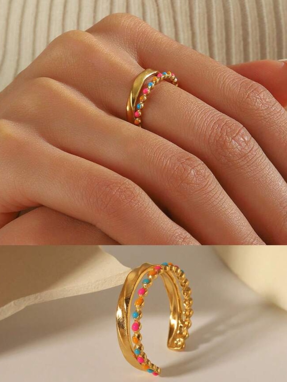 Gold plated Multicolor Beaded Open Ring - Women's Fashion Jewelry R 589